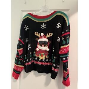 Ugly Christmas Sweater Womens S Dog Reindeer Embellished Sequins Blizzard Bay